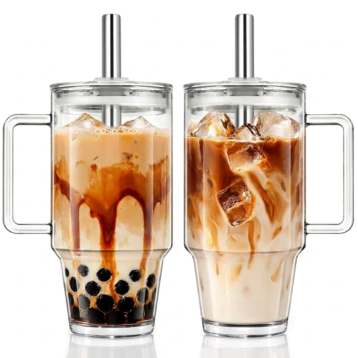 KEMORELA 2er-Set 710ml Glasbecher mit Griff, Deckel & Edelstahl-Strohhalmen – Wiederverwendbare Mason Jar Trinkgläser für Eiskaffee, Smoothies, Säfte & Tee – Inkl. Reinigungsbürste