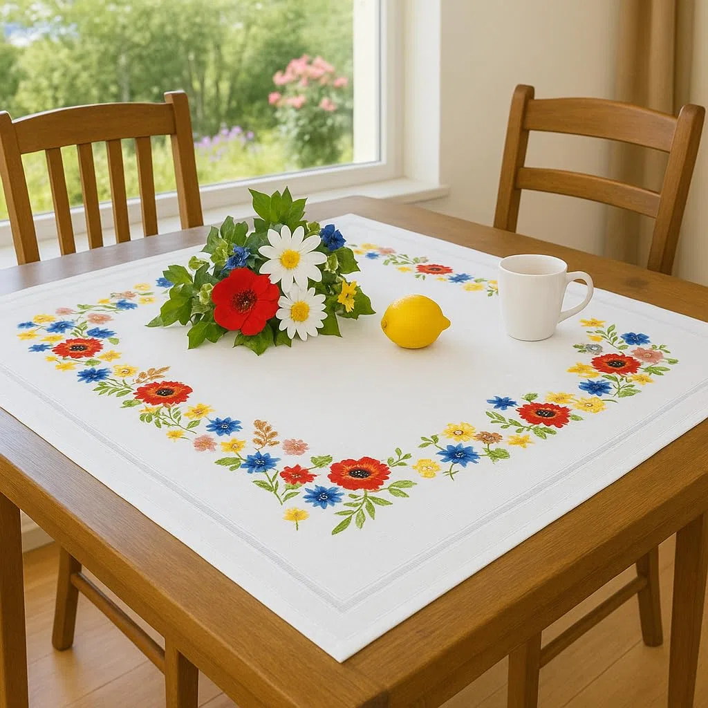 KAMACA Stickpackung Tischdecke 80x80 cm Stielstich Plattstich vorgedruckte Stickdecke inkl. Stickgarn Stickvorlage Anleitung Stickset zum Selbersticken für Erwachsene (Blütenparadies MD 80x80 cm)