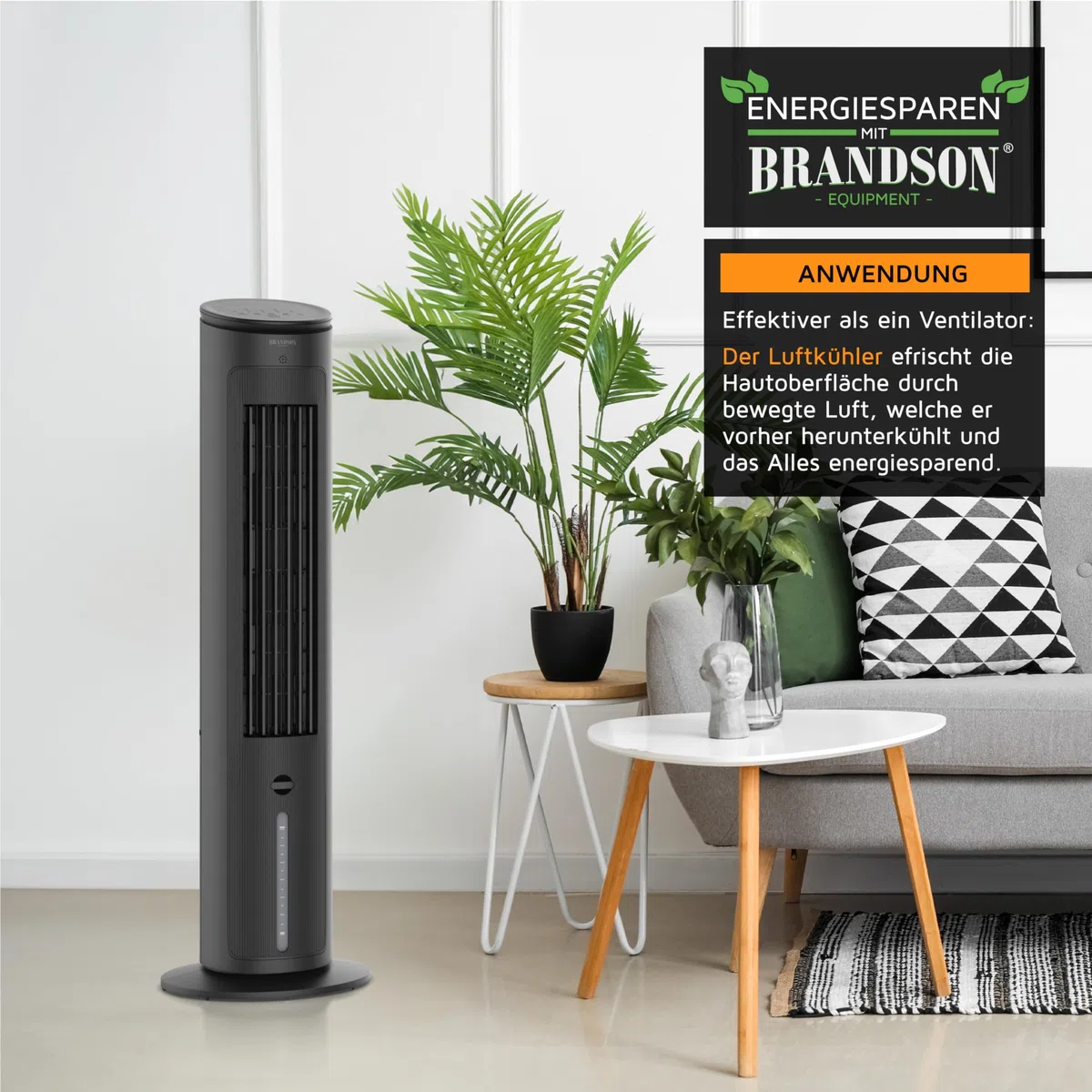 Brandson - Luftkühler mit Wasserkühlung - Preisträger 2025 - Verdunstungskühler - Luftkühler - Ventilator - mobile Klimaanlage ohne Abluftschlauch - leise - Turmventilator
