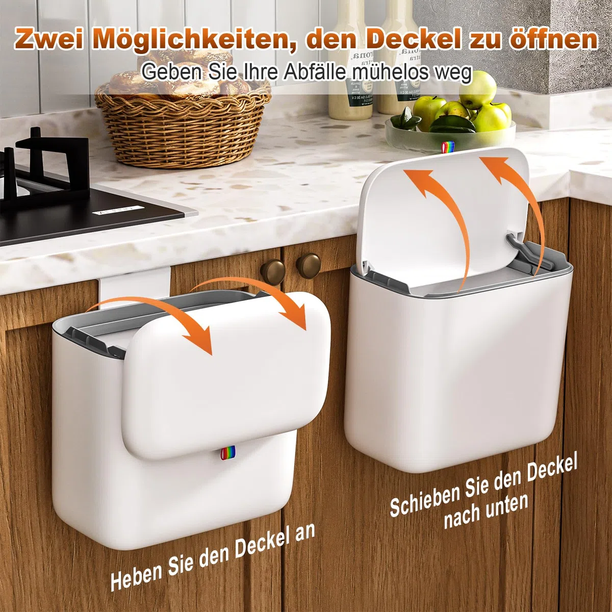 MOPUP Komposteimer für Küche, 6.8 l Mülleimer, Arbeitsplatte oder unter der Spüle, hängender Kleiner Mülleimer mit Deckel für Badezimmer/Schlafzimmer,Komposteimer für den Innenbereich (weiß)
