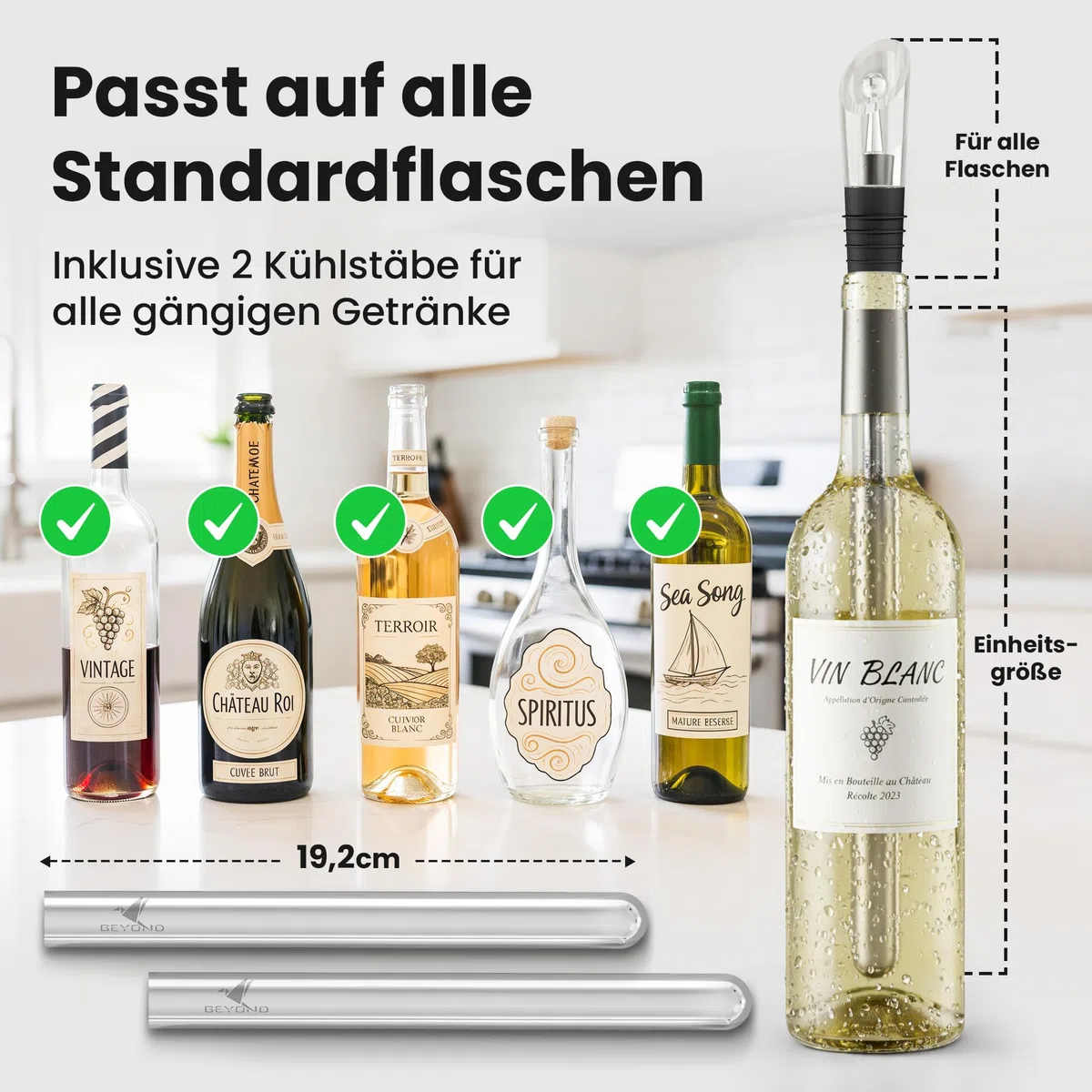 Beyond Weinkühlstab 6-teiliges Geschenk Set aus Edelstahl mit Ausgießer - Ideales Weinzubehör für Weinliebhaber I Weinkühler Set für Weißwein & Rotwein - Stab mit Dekanter - Zubehör für Weintrinker