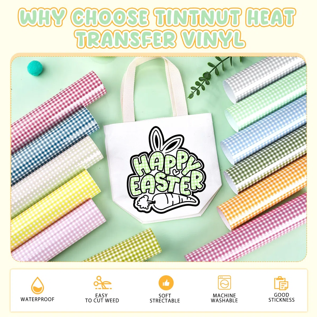 Tintnut Easter Lichtfarbige Plotterfolie Textil Ostern Kariert Iron on Folie Heat Transfer Vinyl 12 Stück 12"x10" Flexfolie Plotter Textil für Kleidung Taschen,Kompatibel mit Allen Schneide Maschinen