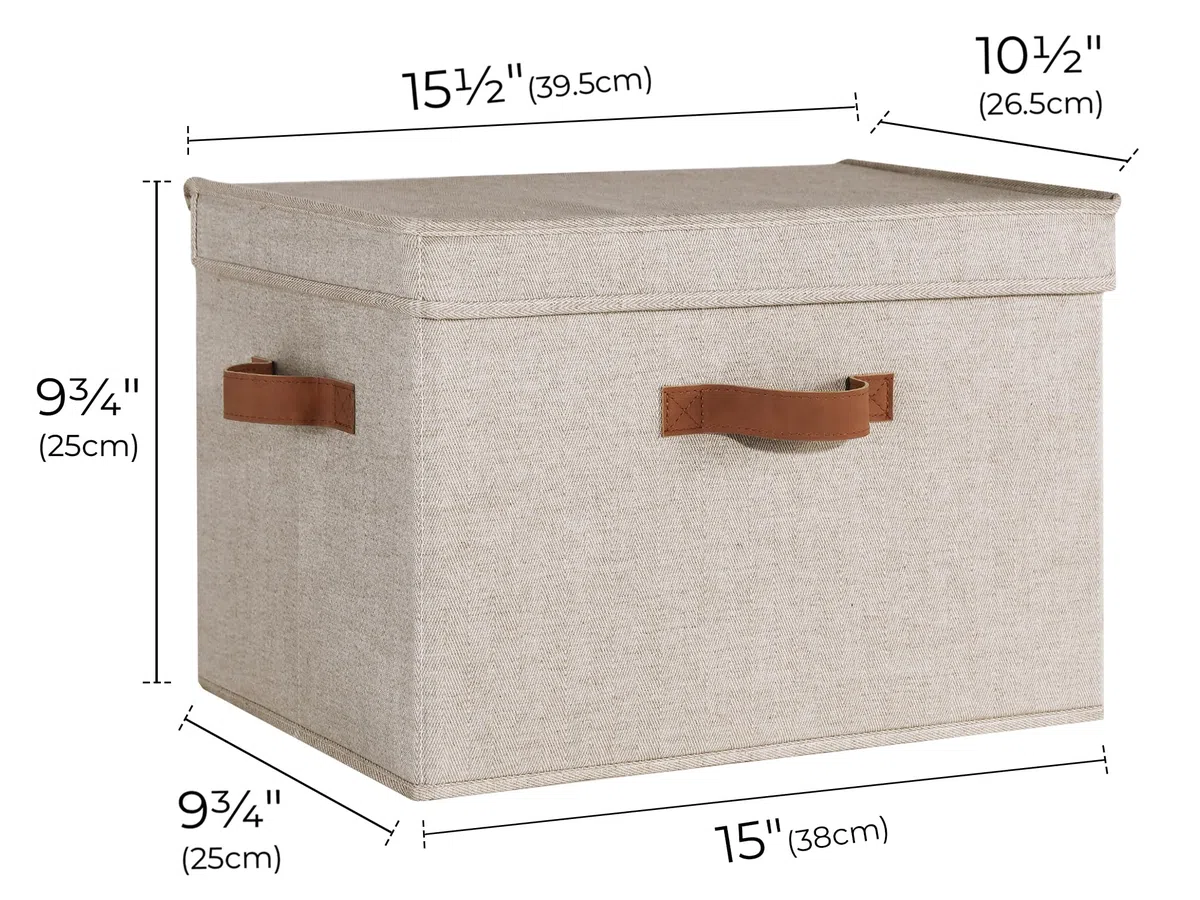 StorageWorks Aufbewahrungsboxen mit Deckel, Stoff Aufbewahrungskorb mit Deckel Groß, Organizer Box mit Griffen, Robuste Ordnungsboxen mit Deckel für Kleiderschrank, Braun und Beige, 2 Stück