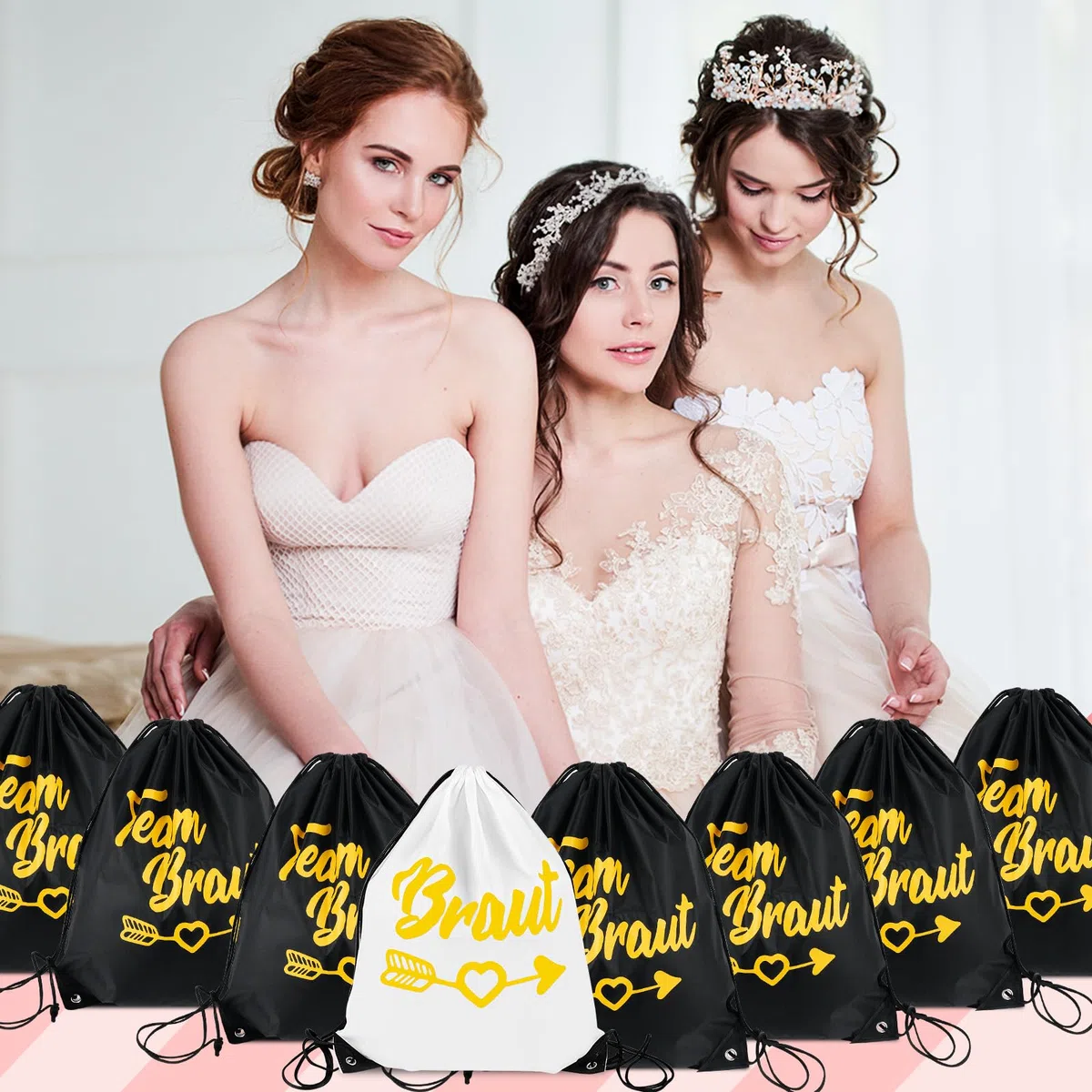 8PCS Turnbeutel Team Braut GA Beutel Set,Turnbeutel Team Braut mit Kordelzug für Brauts Party Geschenke Hochzeit,42x43cm,JGA Junggesellenabschied Frauen Turnbeutels Damen,Teams Brauts rucksack Set