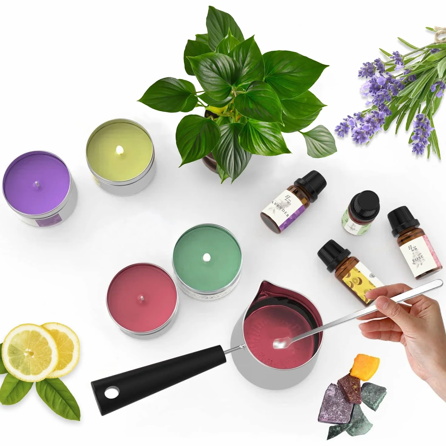 ETUOLIFE Kerzen Selber Machen Set,DIY Kerzenherstellung Kit,Duftkerze Geschenke Set mit 480g Sojawachs,Kerzen Schmelztopf,8 Kerzendosen,4 Duftöl,4 Farbblöcken,50 Candle Wicks Aufklebern,16 Stickers