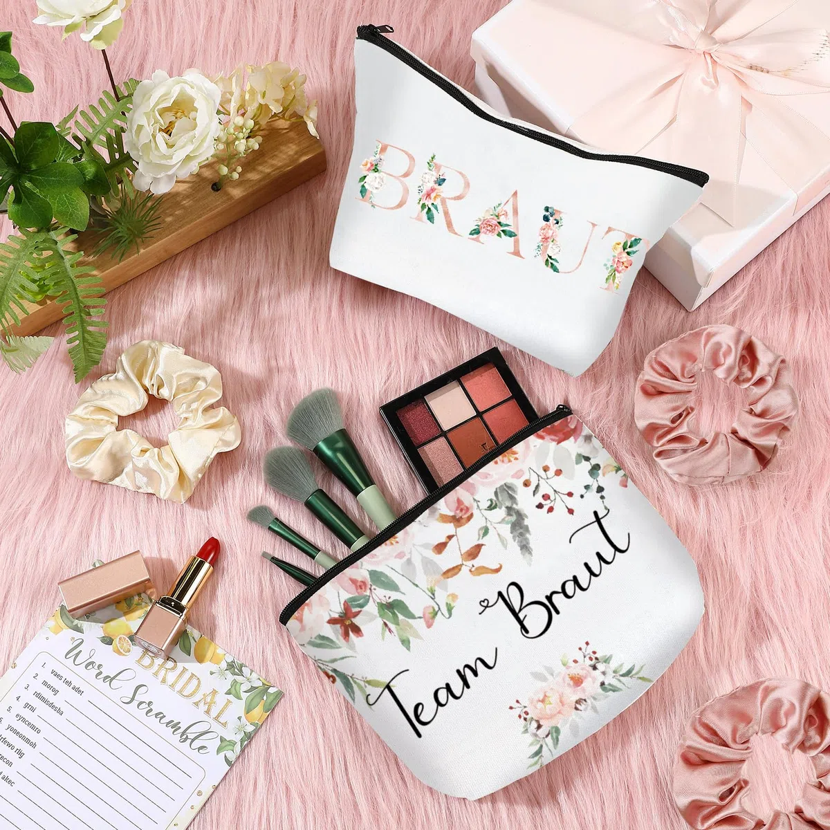 9 Sets Braut Geschenke JGA Party Zubehör Satin Braut Haargummis Team Braut Make up Tasche Geschenk zur Brautparty Junggesellenabschied Tasche Dekoration für Hochzeit Verlobung (Rosa)