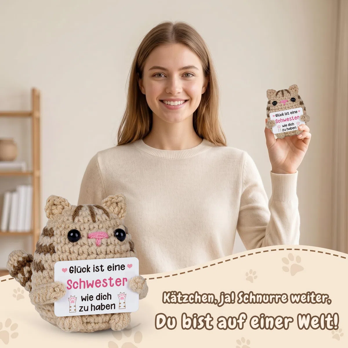 Vetbuosa Schwester Geschenk - Handgehäkelte Katzenpuppe mit Karte, Geschenkideen für Schwester zum Geburtstag Weihnachten Muttertag