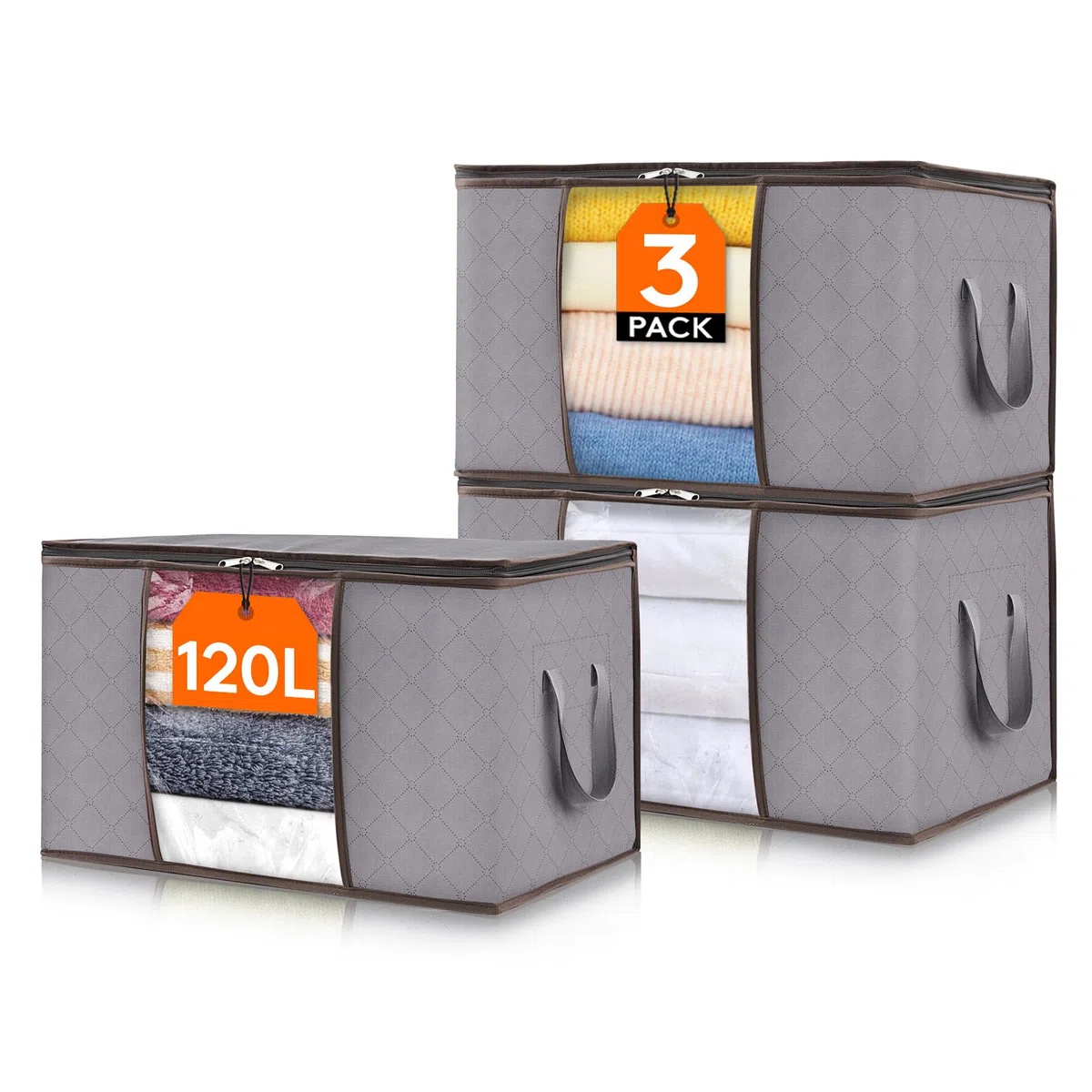 Lifewit 120L Aufbewahrungstasche für Bettdecken, Groß Aufbewahrungsbox mit Deckel Kleidung Aufbewahrung Umzugskartons mit Verstärkt Griff für Kleider Kleidung Bettdecken Bettzeug, 3 Stück, Hellgrau