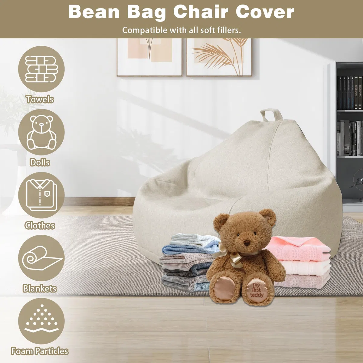 Sitzsack für Kinder und Erwachsene, nur Bezug (ohne Füllung), Sitzsackstuhl für Schlafzimmer, Büro, Wohnzimmer, Terrasse (Cremefarben)