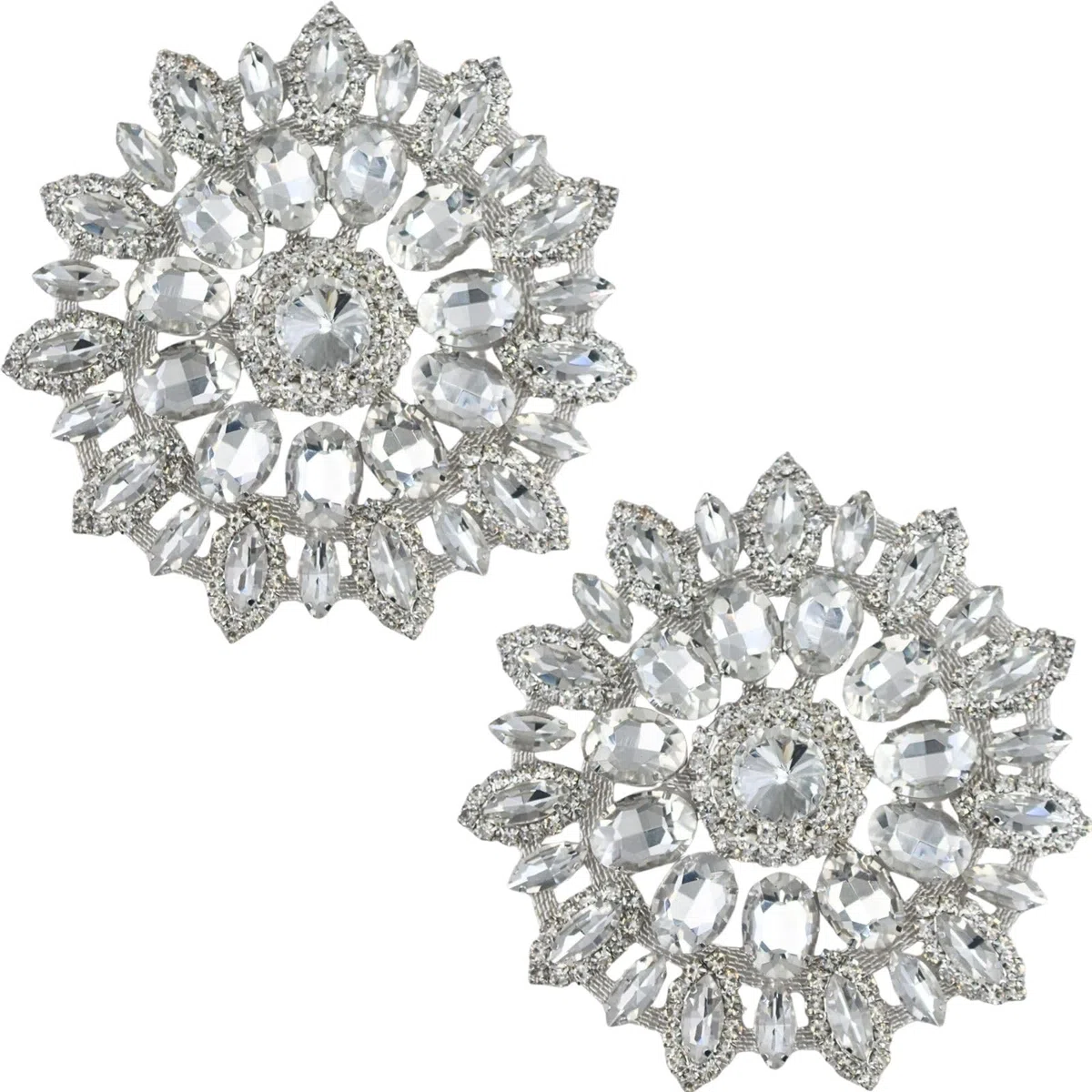 PEARLY JUN 2 Pcs Silver White Sonnenblumen Handgefertigte Strass Applikation Glass Rhinestone Applique Näh Applikationsaufnäher mit Kristallen Strass Applikation für Brautkleid DIY Taschen