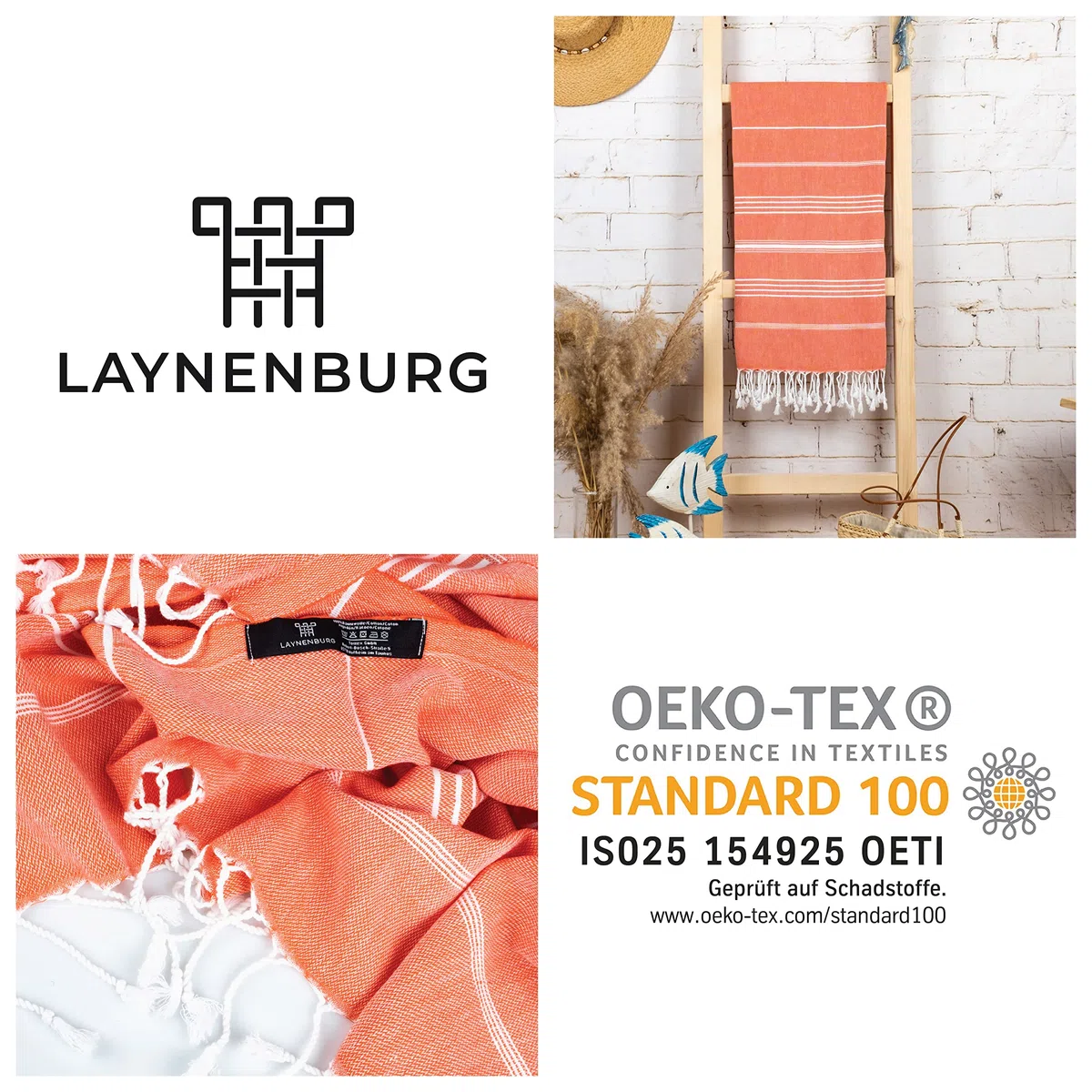 LAYNENBURG 2er-Set Premium Hamamtuch mit handgeknüpften Fransen - 100% Baumwolle - XXL Strandtuch 100x200 cm - Oeko-TEX 100 - Strandhandtuch groß - Saunatuch & Reisehandtuch (Coral)