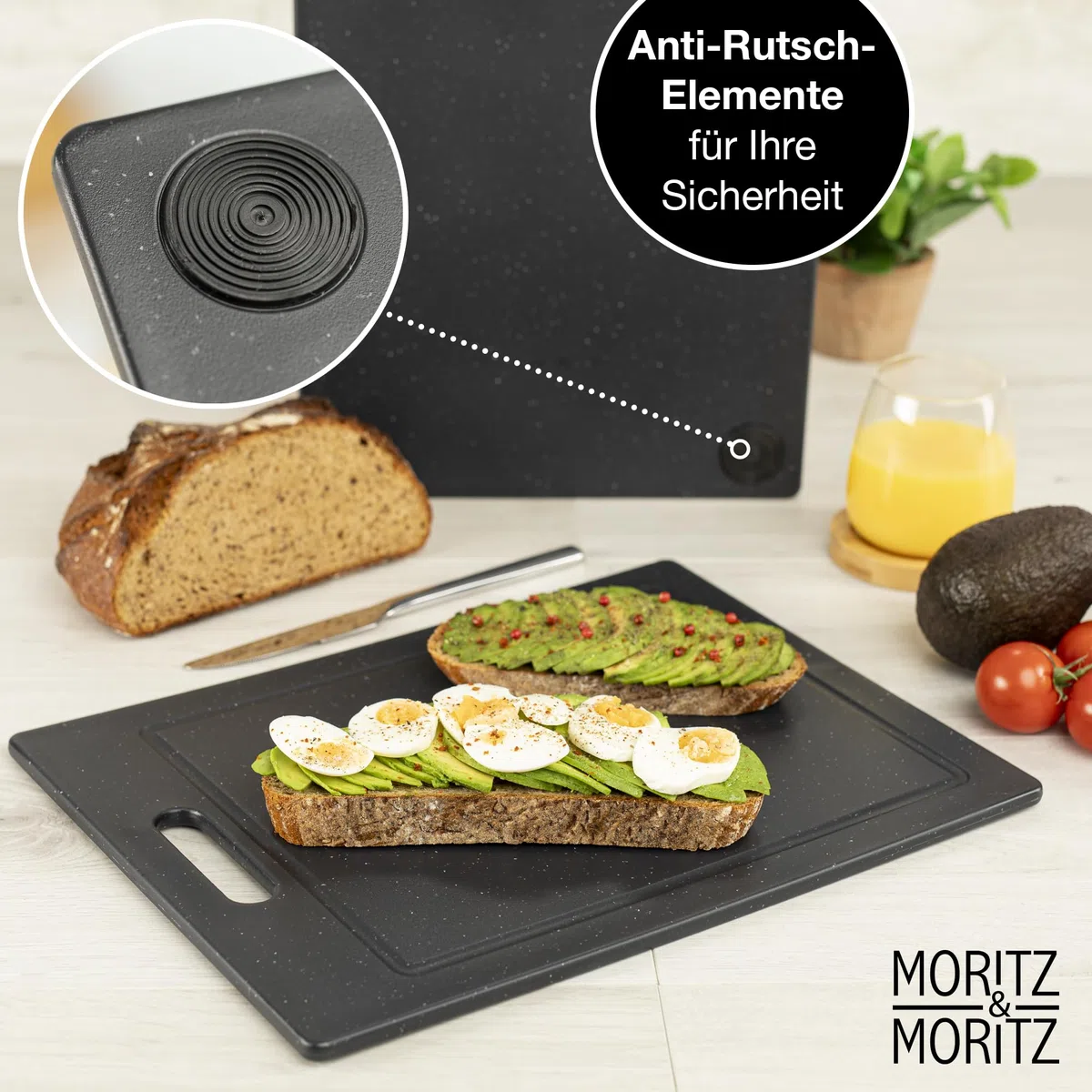 Moritz & Moritz 2x Schneidebretter Kunststoff - 36 x 27,5 cm - Schneidebretter BPA frei - Küchenbretter Granitoptik - Cutting Board mit Antirutschfüßen, Eingriffsöffnung - Schneidebrett mit Saftrille