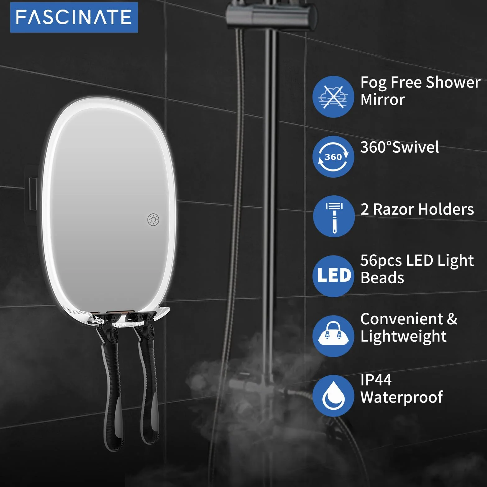 FASCINATE Rasierspiegel AntiBeschlag-Duschspiegel, 3 einstellbare Lichtfarben Schminkspiegel mit Rasierklingenhalter Fogless-Duschspiegel