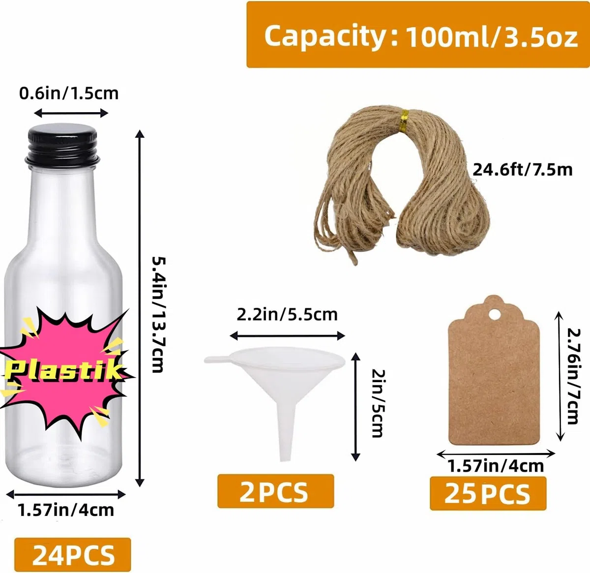 Mini Fläschchen Kunststoff Likörflaschen 24 Stück 100ml Kleine Schnapsflaschen mit Schraubverschlüssen Trichter Kraftpapieretikett Plastik Fläschchen Mini-Weinflaschen für Hochzeiten Party