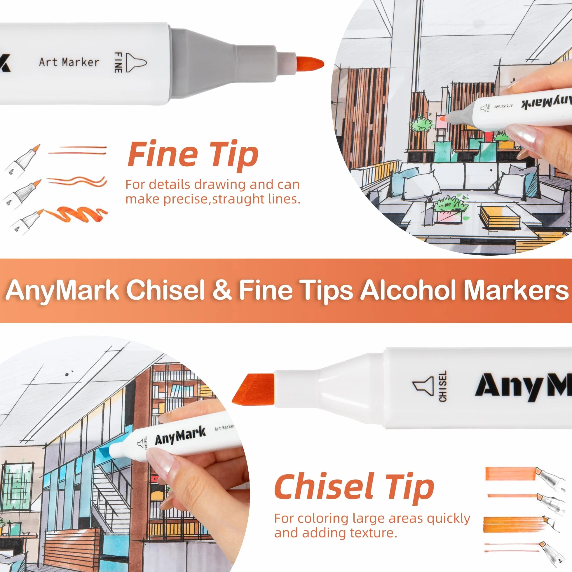AnyMark Alkohol Marker, 60 Farben Marker Stifte Set, Twin Tip Künstler Stifte Set zum Zeichnen, Ausmalen und Skizzieren, Meißel- & Feinspitzen