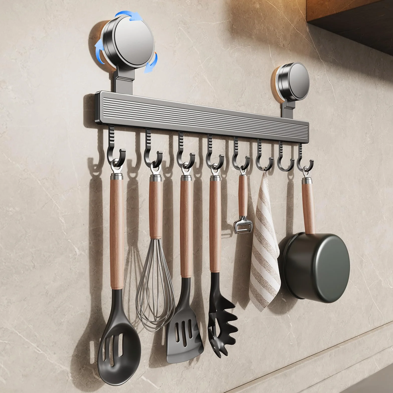 Hakenleiste Küche ohne Bohren mit Saugnapf | 8 Haken, 40 cm lang, 20 kg Tragfähigkeit, 1-Minuten-Installation | Abnehmbare rostfreie hakenleiste für Küchenutensilien