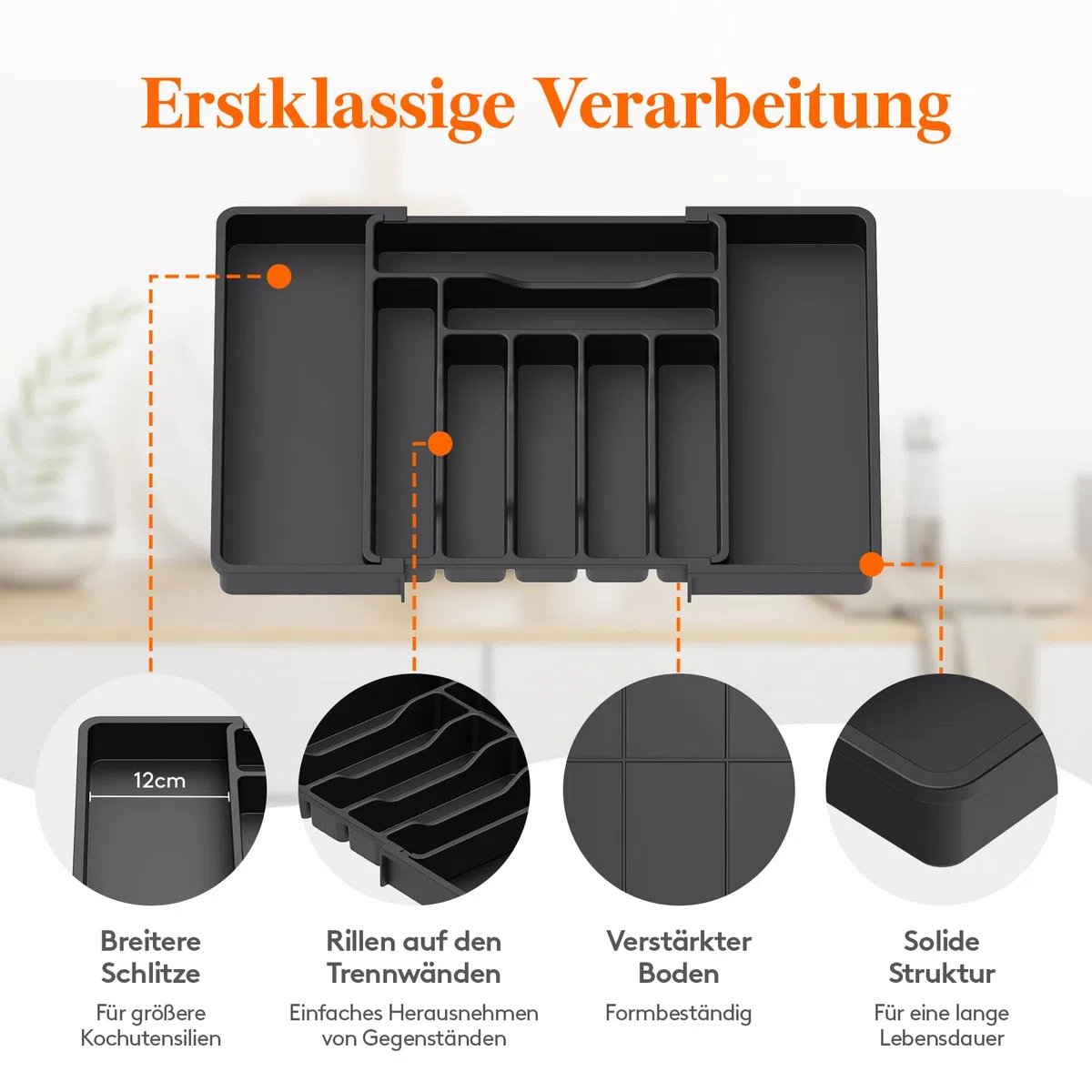 Lifewit Besteckkasten für Schublade, Verstellbarer Besteckhalter Kunststoff Besteckständer, Breite von 33 auf 57 cm, Utensilienhalter Küche Tiefe 38 cm, Küchen Organizer für Löffel/Gabeln, Schwarz