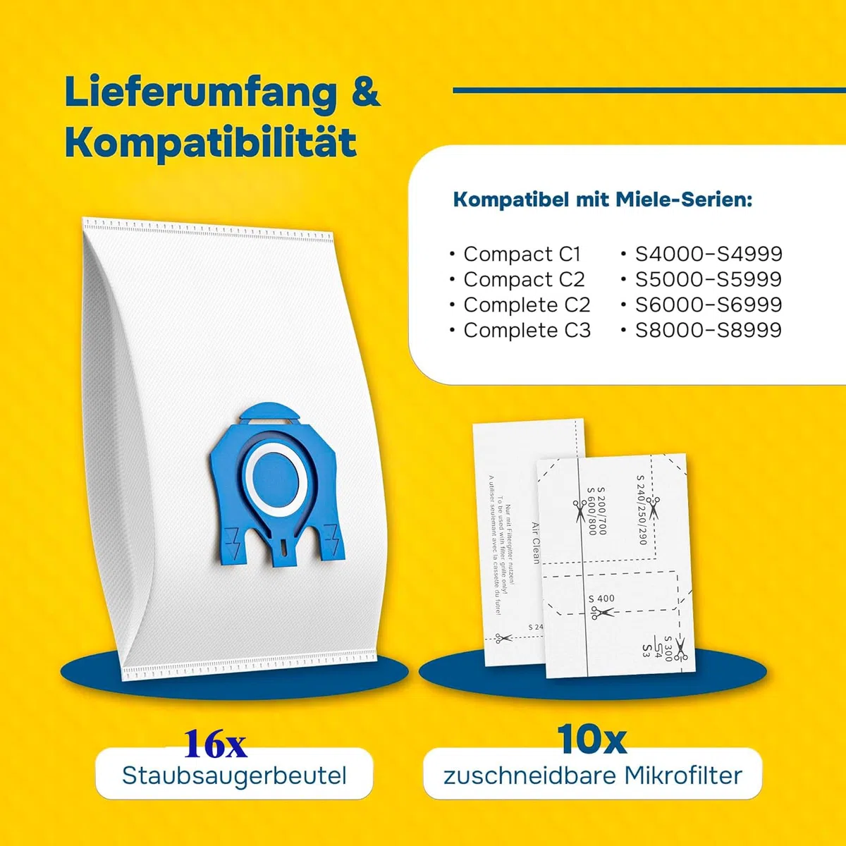 16x Staubsaugerbeutel für Miele Staubsauger kompatibel mit Miele GN Serie S8340 S2 S4 S5 S6 S8, Complete C2 C3 Classic C1 Ersatz für 9917730 12281680 inkl. 5 Motorfilter & 5 Abluftfilter