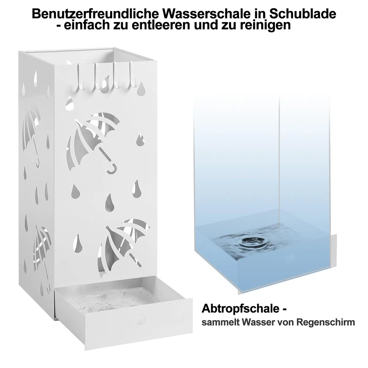 Laneetal Regenschirmständer, quadratischer Schirmständer, Regenschirmhalter aus Metall, mit herausnehmbarer Wasserauffangschale, 4 Haken, Regenschirm-Motiv, 20x49x20cm, Weiß