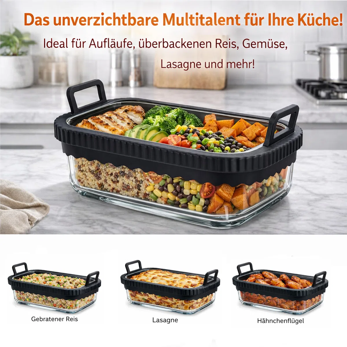 Auflaufform Airfryer für COSORI Heißluftfritteuse 2 Kammern/Ninja Heißluftfritteuse AF400EU/SL400EU/AF500EU/, Glas Airfryer Zubehör, BPA-frei, Herausnehmbarer Silikonring (Schwarz)