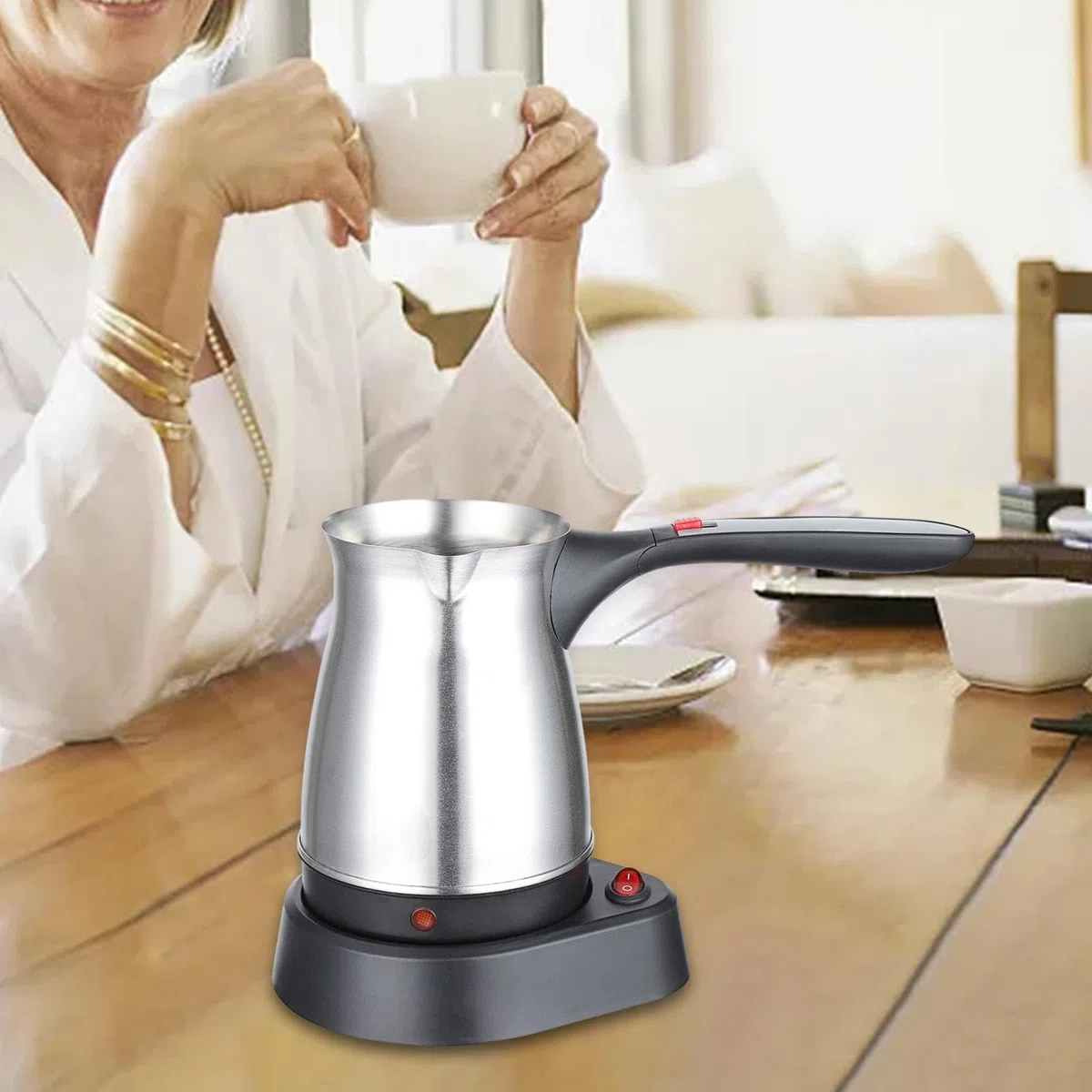 Milageto Espressokocher, 500 ml elektrische türkische Kaffeekanne, Edelstahl-Kaffeekessel, Teekessel mit Henkel, Wasserkocher für Haushalt Café Büro, Rautenmuster Silver