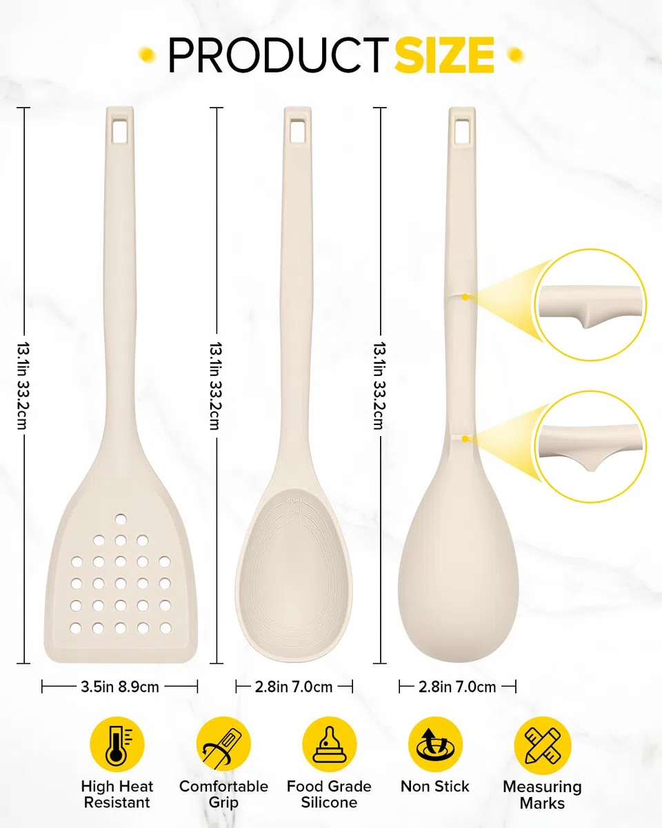 Packung von 4 Silikon Kochgeräte Set, Non-Stick-Festspalten und hitzebeständige Schlitzlöffel mit Rücken Haken, Ideale BPA-freie Küchenutensilien Set für Braten, Servieren, Drehen, Rühren(KHAKI)