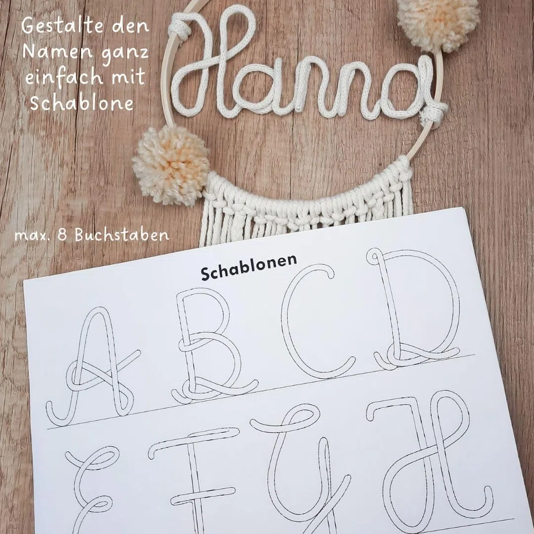 Makramee Namensring - einfaches, anfängerfreundliches Bastelset mit Videoanleitung - Baby Geschenk Geburt - Traumfänger Bastelset, Taufgeschenk, Makramee Set, Türschild, Deko Kinderzimmer