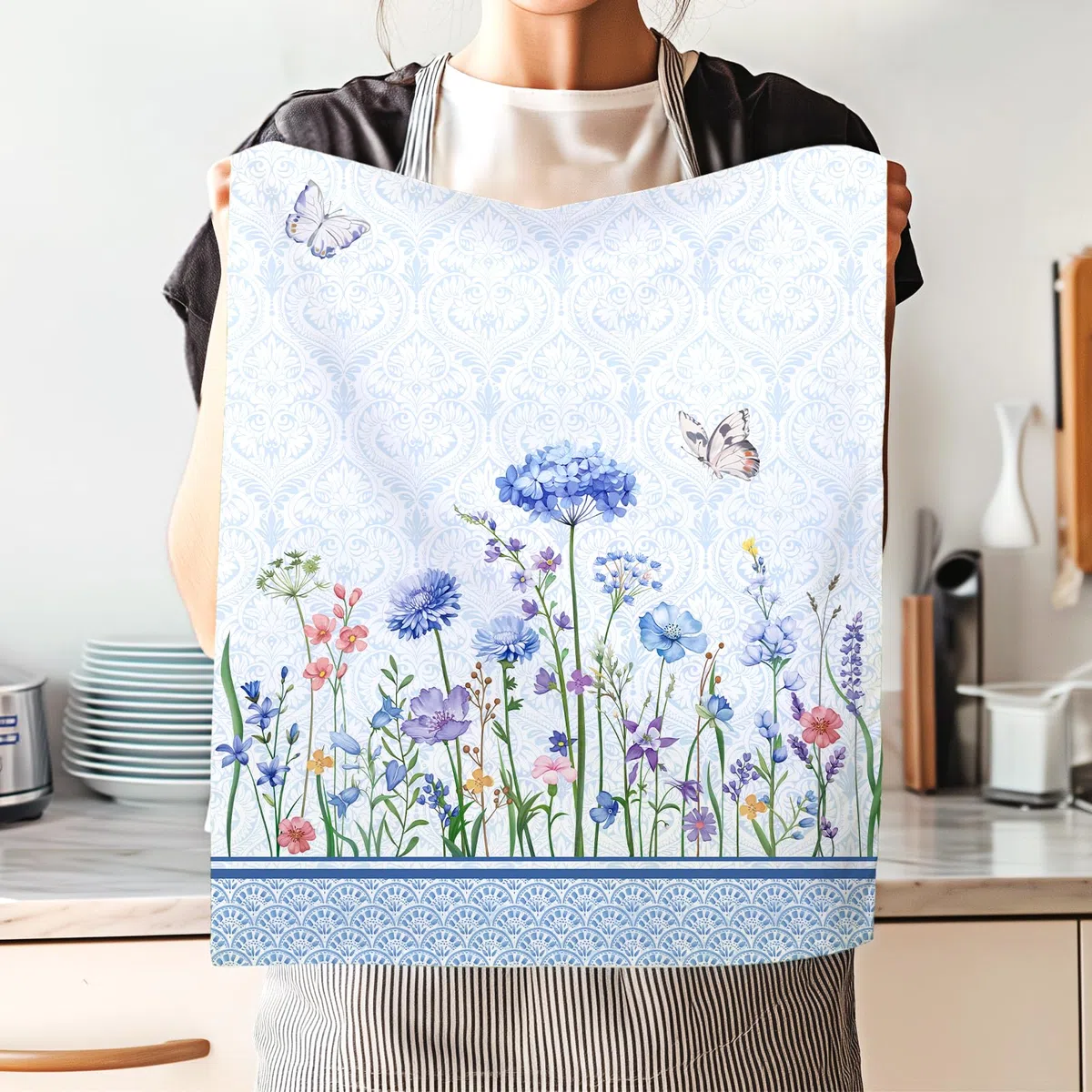 4er Set Geschirrtücher Blau Wildblume Küchentücher Schmetterling Blume Dekorative 100% Baumwolle, 48 x 70 cm, Trockentücher Saugstarke Geschenk, Küche Dekoration