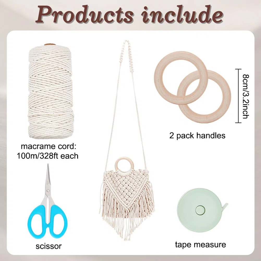WEBEEDY DIY Makramee-Taschen-Set, Bohemian-Quasten-Handtasche, Enthält 3mm Natürliche Makramee-Kordel Handtaschengriff Aus Holz Aufbewahrungstasche Urlaubsdekoration Am Strand Mit Videoanleitung