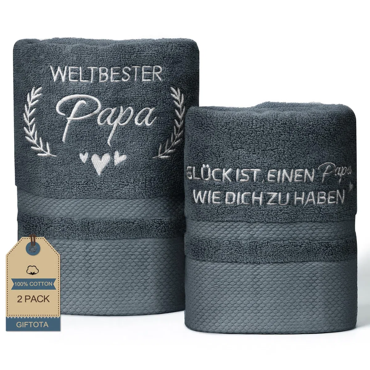 Giftota Papa Geschenk 2 teilig Handtuch Set 100% Baumwolle Bestickt Handtücher Grau, Geschenke für Papa zum Geburtstag Vatertag - Badehandtuch 50 x 100 cm + Handtuch 35 x 75 cm