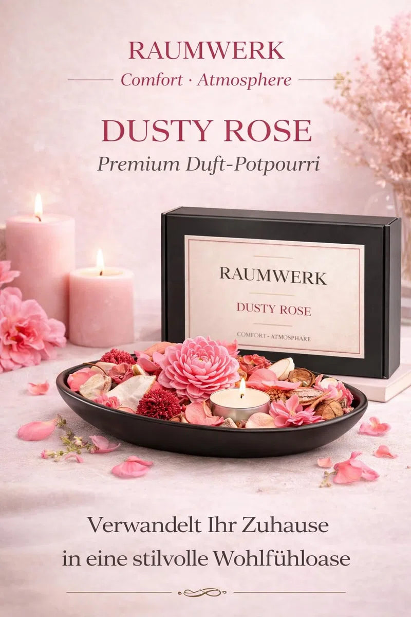 RaumWerk Premium Duft Potpourri Set Dusty Rose mit Schale & 3 Teelichtern – 60g Natur Potpourri – Elegante Dekoschale Schwarz – Floraler Raumduft für Wohnzimmer, Bad & Schlafzimmer – Geschenkidee