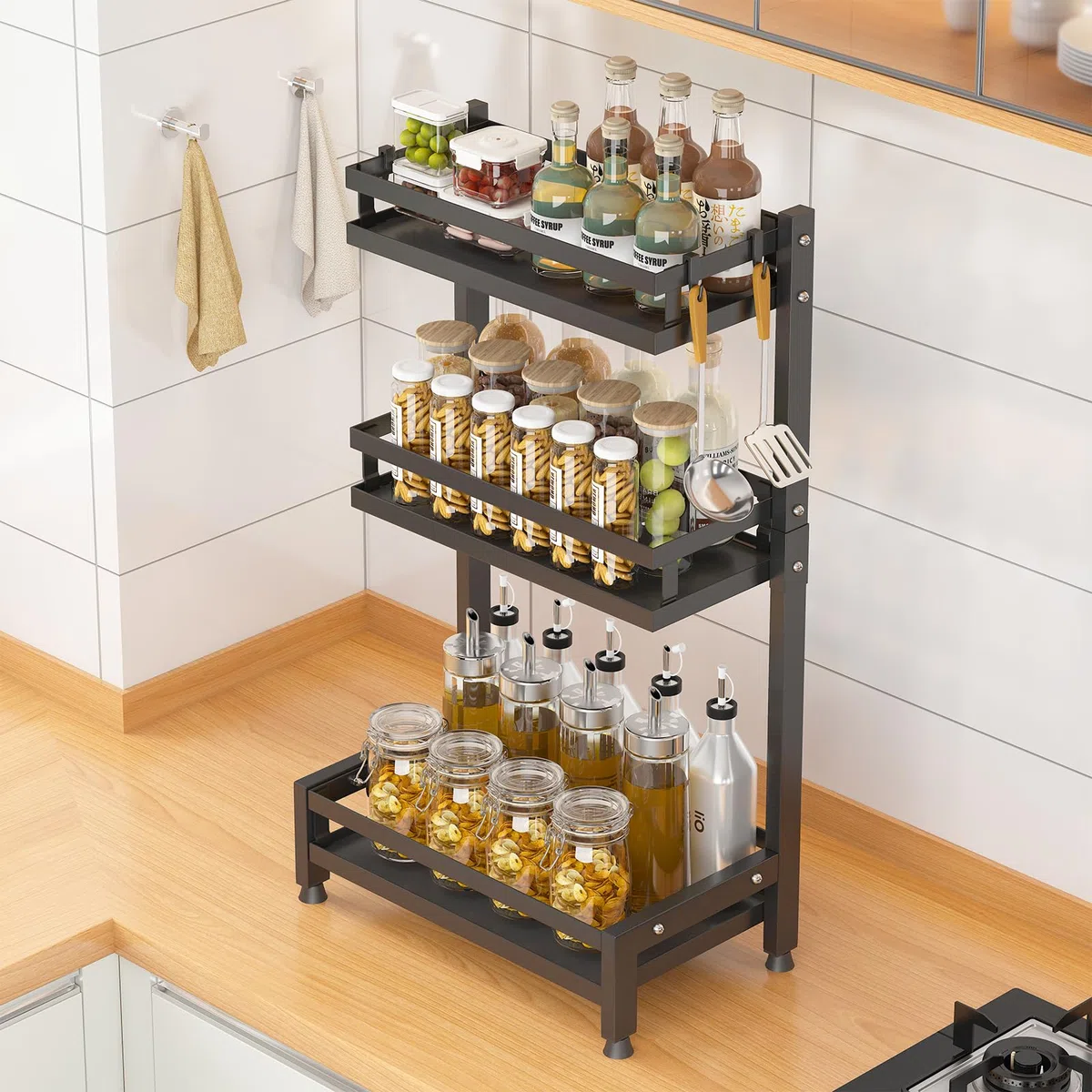 Stehend Küche Gewürzregal, 3-Stufig Arbeitsplatte Gewürz Lagerung Regal Veranstalter, Kondiment Gewürz Rack Gewürze Dosenhalter mit 4 Haken, Schwarz