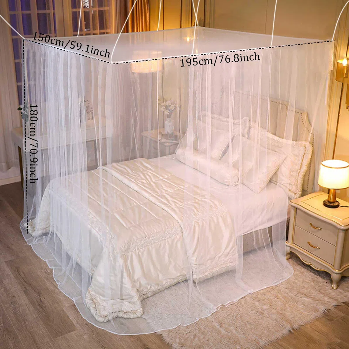 Moskitonetz Bett Reise für Doppelbett und Einzelbetten,Himmelbett Vorhänge mit Aufhängehaken,Weiß Feinmaschig Betthimmel aus Polyester,Vielseitig Großes Moskitonetz Pavillon 150x180x195cm