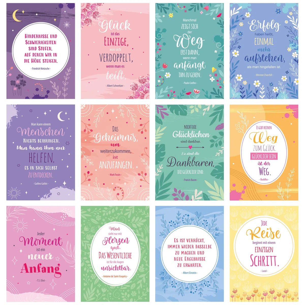 Ideenverlag HAMBURG Gedankengalerie – Achtsamkeits-Set mit 12/24 Affirmationskarten & Trockenblumen | Edler Holzaufsteller aus Eiche – Handgemacht in Deutschland – Frauen Geschenk & Deko für Frauen