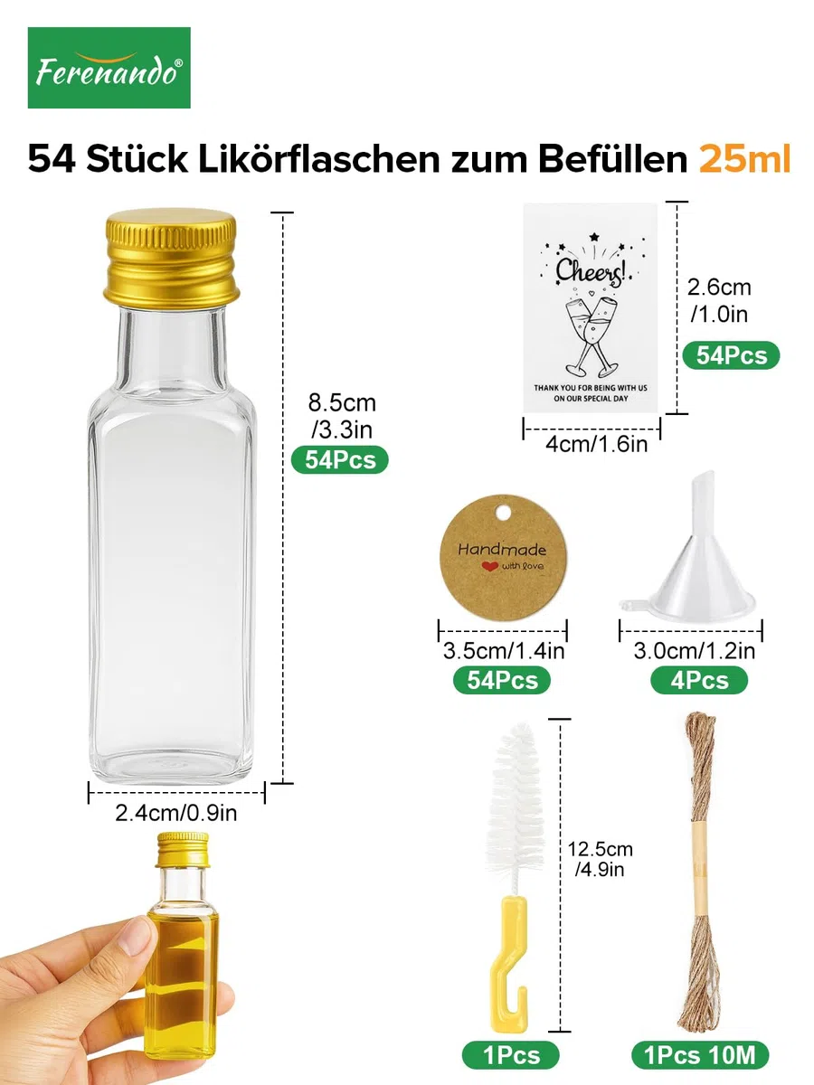 54 Stk 25ml Kleine Flaschen zum Befüllen Kunststoff mit Aluminiumdeckel, Kleine Schnapsflaschen zum Befüllen, Wiederverwendbare Mini Flaschen Likörflaschen mit Etikett für Hochzeiten Party