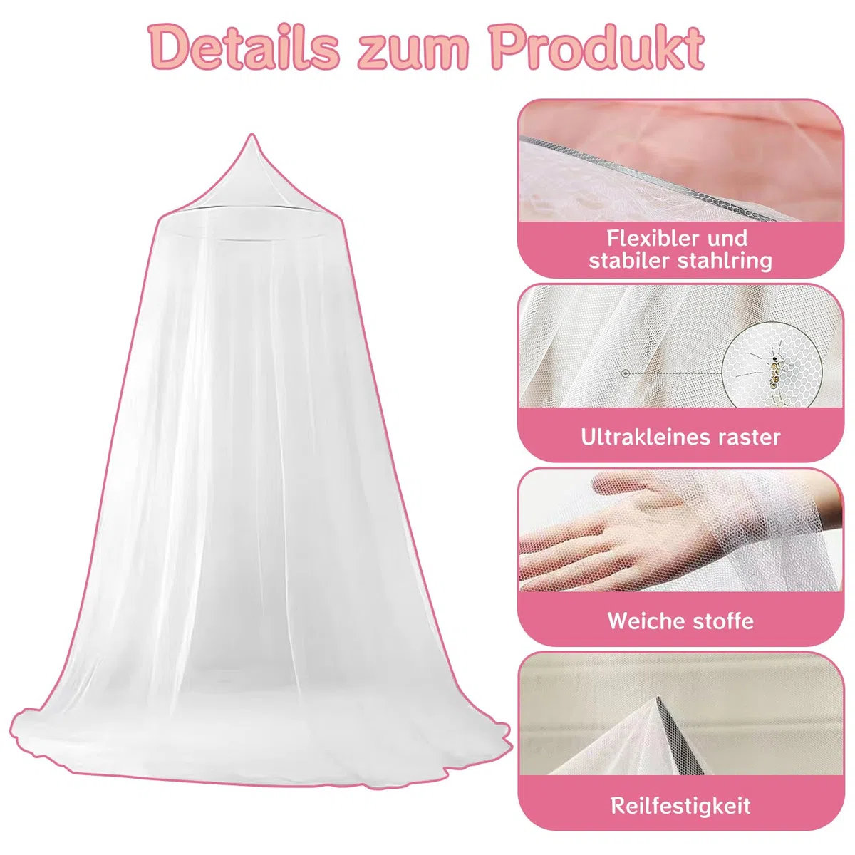 Moskitonetz Bett Baldachin, Moskitonetz für Reisen, Betthimmel Mückennetz Feinmaschiges, Moskitonetz Bett mit Moskitonetz Haken, Mosquito Net Bed für Zuhause und Camping Geeignet (Weiß)