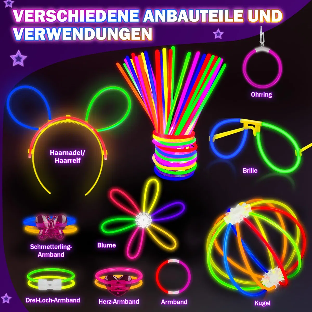 Knicklichter Party Set,100 Stück Leuchtstäbe 130 Verbinder,Neon Knicklichter Ketten und Leuchtbrillen für Kinder, Deko für Festival Hochzeiten Weihnacht Party Silvester Deko 2025