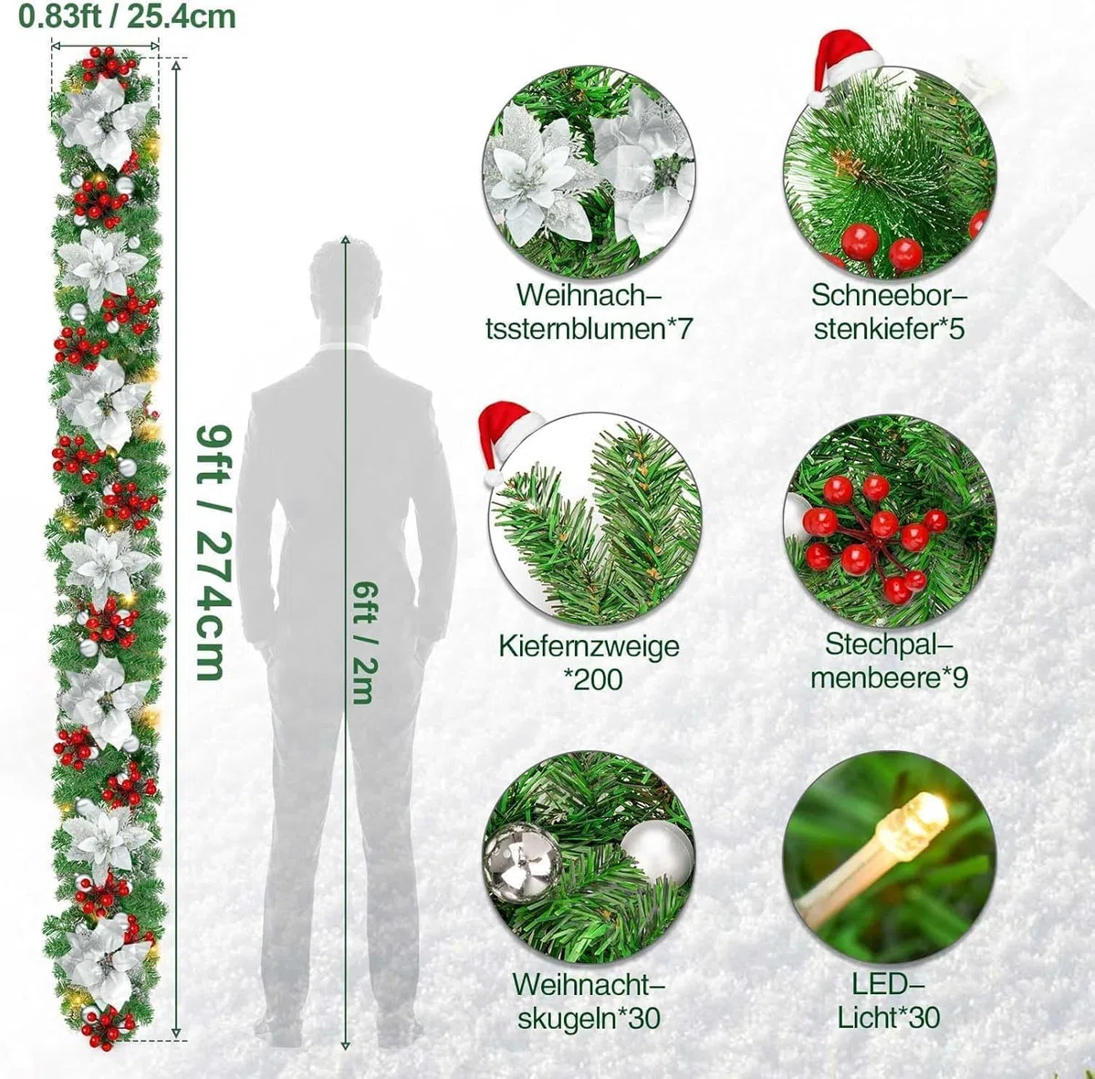 Weihnachtsgirlande, 2.7M / 9FT mit Beleuchtung, batteriebetrieben mit 30 LED, für Haus, Treppe, Kamin, Haustür, Terrasse und Garten, Weihnachtsdeko Girlande