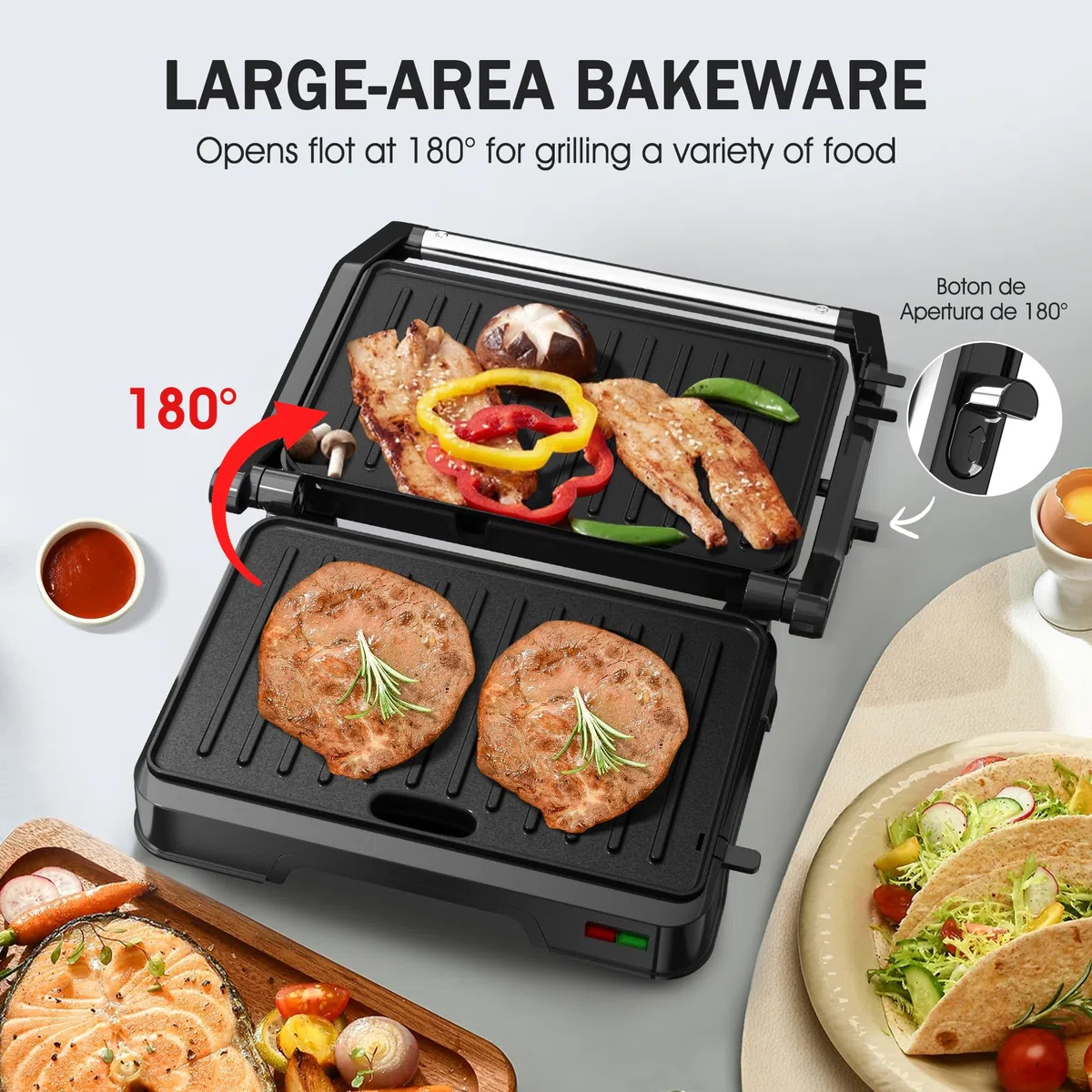 KEINVE Kontaktgrill für Sandwiches, Steak, Panini Grill und Sandwichmaker mit Antihaftbeschichtet, 850W, 23 x 14,5cm, 180º Öffnung, Leicht zu Reinigen.