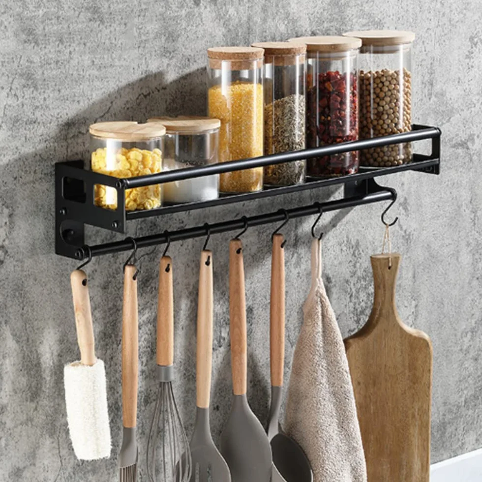 Hakenleiste für Küchenutensilien, Klebstoff/Bohren 2 Wege installieren Küche Hakenleiste mit 8 Haken,40cm Wandmontiertes Küchenutensilien-Organizer-Rack