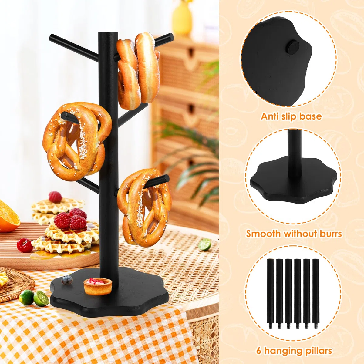 2 Stück Brezelständer,Brezelhalter aus Holz in Baumform,Stabil Tassenhalter,6-armig,Höhe 33cm,Wurststände,Platz sparen,Dekoration für Restaurants,Cafés,Bars,Küche(schwarz)