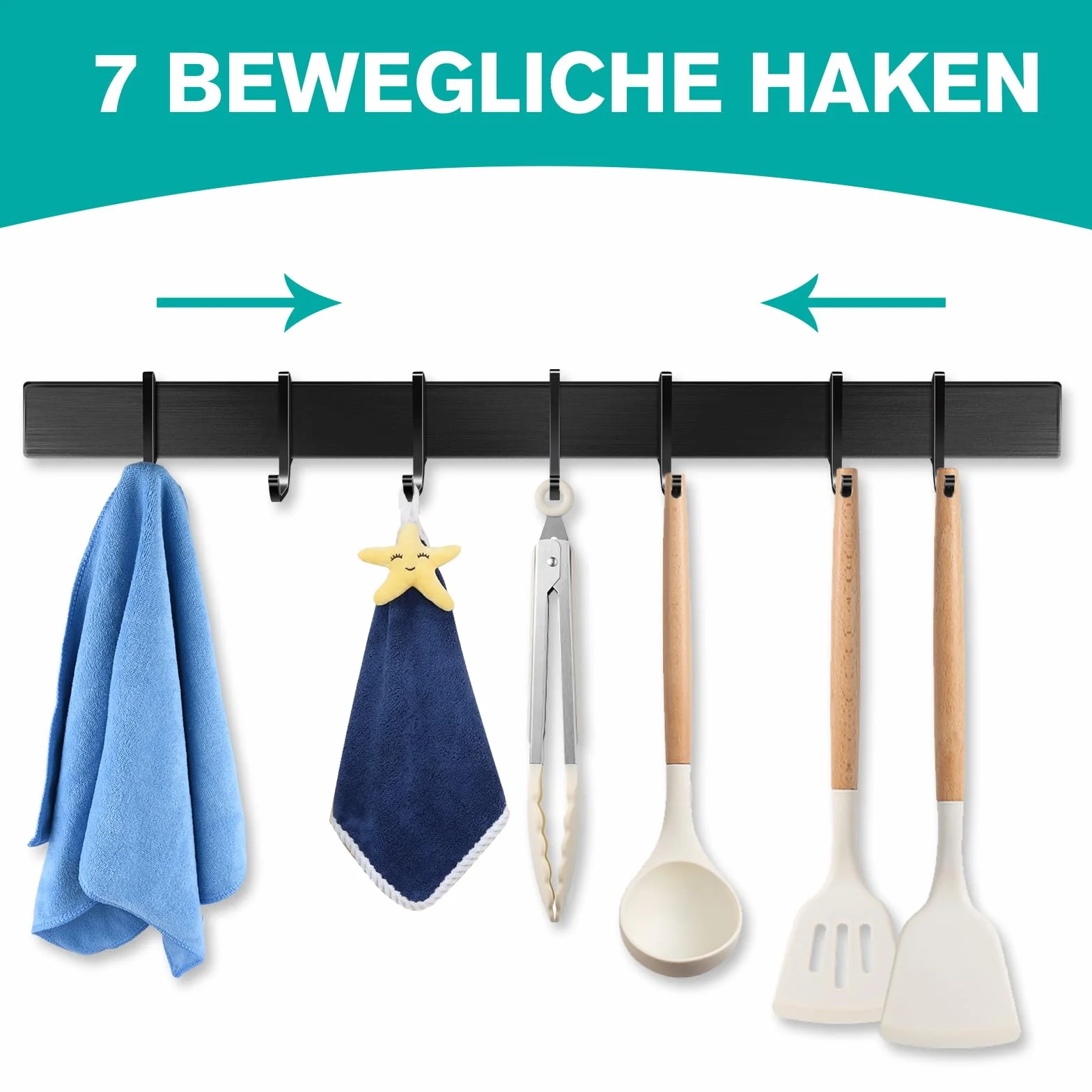 Hakenleiste Küche 40cm, Küchenhalterung ohne Bohren mit 7 abnehmbaren Haken, Aluminium küche Hakenleiste, Matte Oberfläche, Schwarz