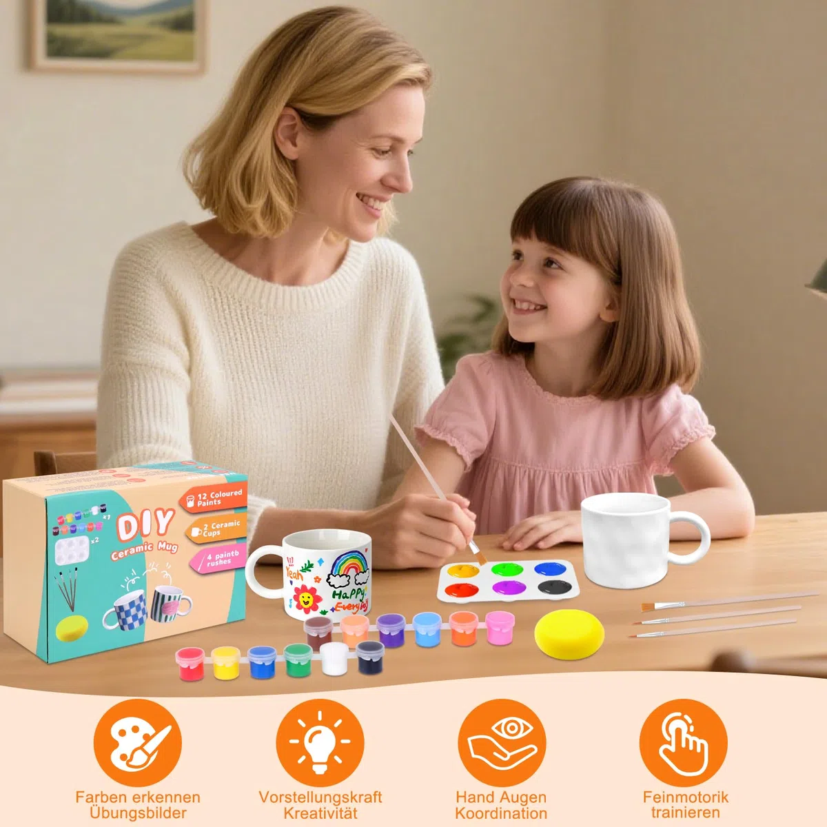 SelfTek DIY Keramik Bemalen Set - Tassen zum Bemalen Kreativ Set für Erwachsene mit 2 Tassen, 12 Farben, 4 Pinsel, 2 Palette, Malinspirationen, Geschenk für Freund Familie Lieber