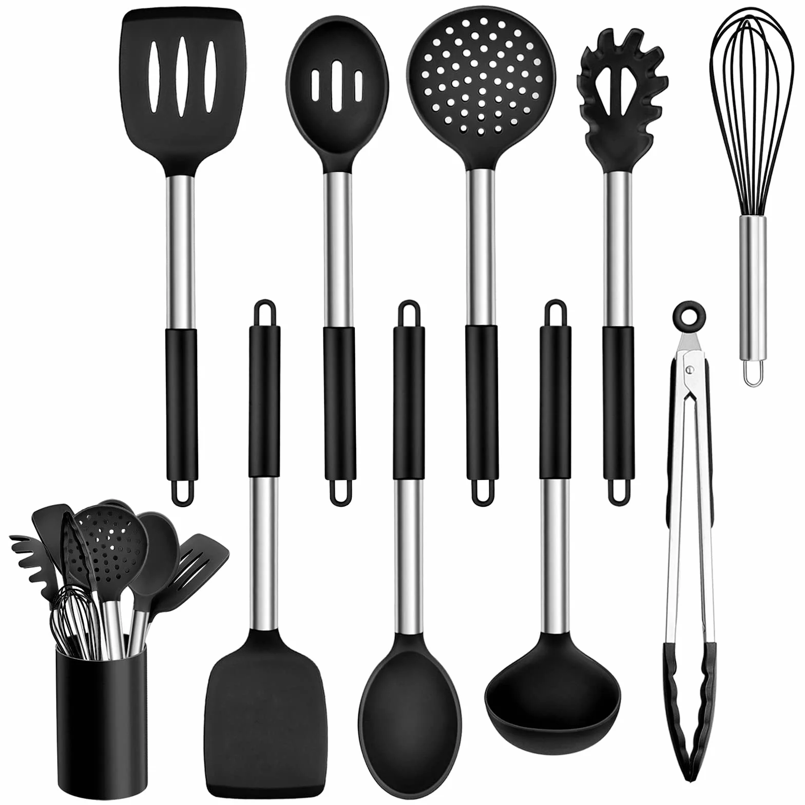 Küchenhelfer Set, Homikit 10 Stück Silikon Küchenutensilien Kochbesteck Set mit Edelstahlgriff, Antihaft Hitzebeständiger Schwarz Kochutensilien Set, Gesund, Spülmaschinenfest
