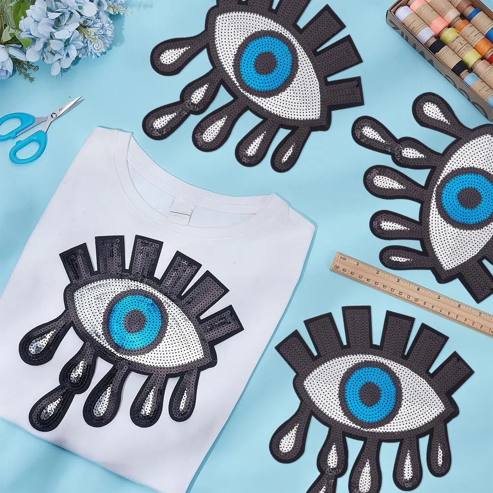 INFUNLY 4PCS Böser Blick Pailletten Aufnäher Bügeln 8.6x9.5" Glitzer Gestickter Patch Boho Böser Blick Patch für Kleidung Große Gestickte Applikation für DIY Kleidung Jeans Taschen Jacke Rucksack Hut