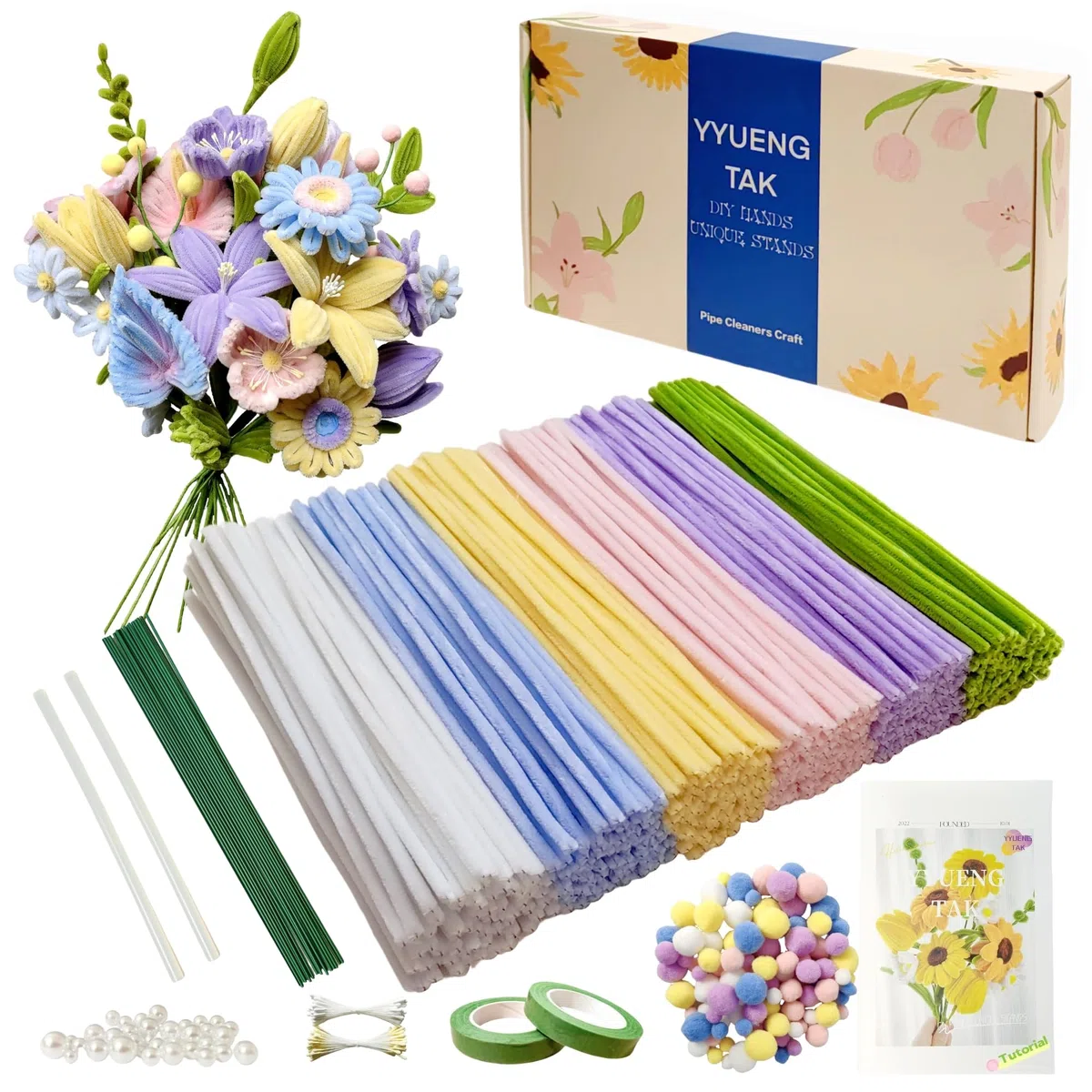 500 Stück Pfeifenreiniger Blumen Set(6 Farben),Pfeifenputzer zum Basteln Blumen,pipe cleaners flower,mit Anweisungen,pompons,20 Stück Blumendraht,2 verschiedene Staubblatt,Klebeband