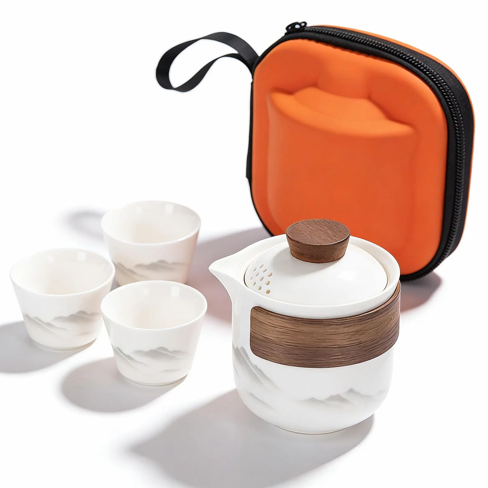 PORFOYO Chinesisches Gongfu-Tee-Set, 200ml Tragbares Keramik-Teekannen-Set, Hochwertiges Porzellan Teeset, Keramik Teekannen-Set, Einteiliges Set Für Reisen, Zuhause Und Büro, Weiß-Orange
