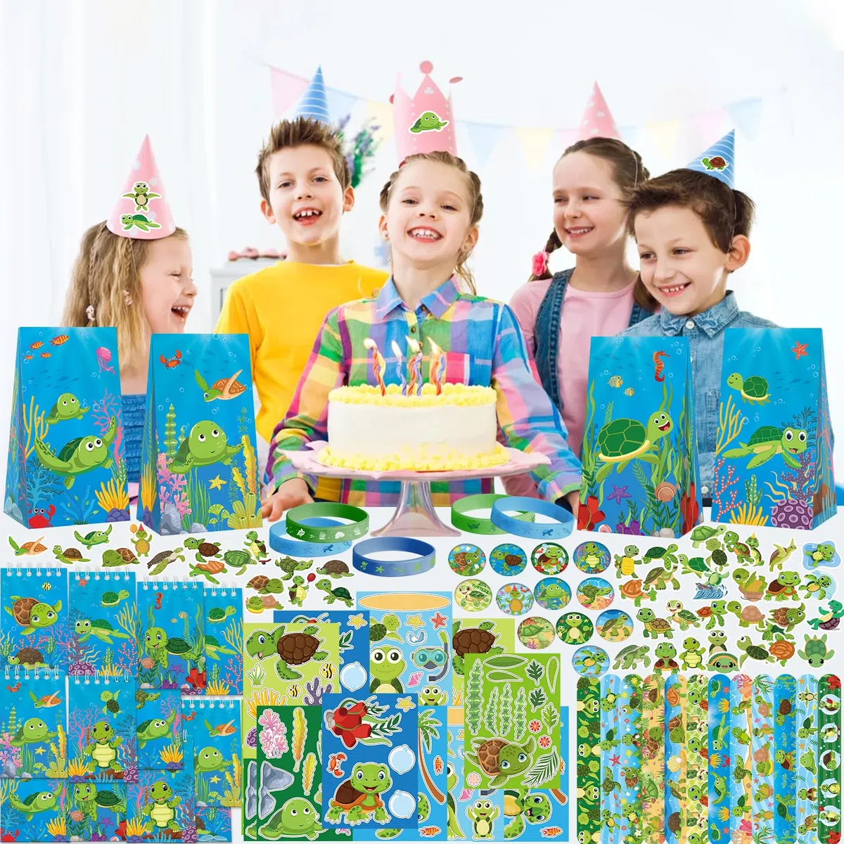 Turtle Party Favour Supplies einschließlich Schildkröte Geschenk-Taschen, Aufkleber, Abzeichen, Armbänder für Schildkröte Thema Geburtstagsparty