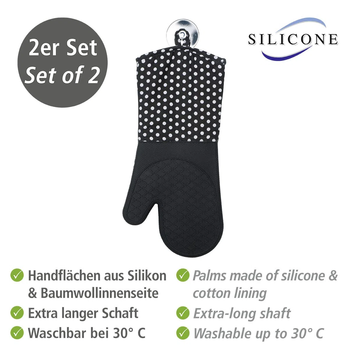 WENKO Topfhandschuhe mit Handflächen aus Silikon, 1 Paar, praktischer Küchenhelfer, auch als Grillhandschuh verwendbar, hitzebeständig, 18,5 x 37,5 cm, Schwarz