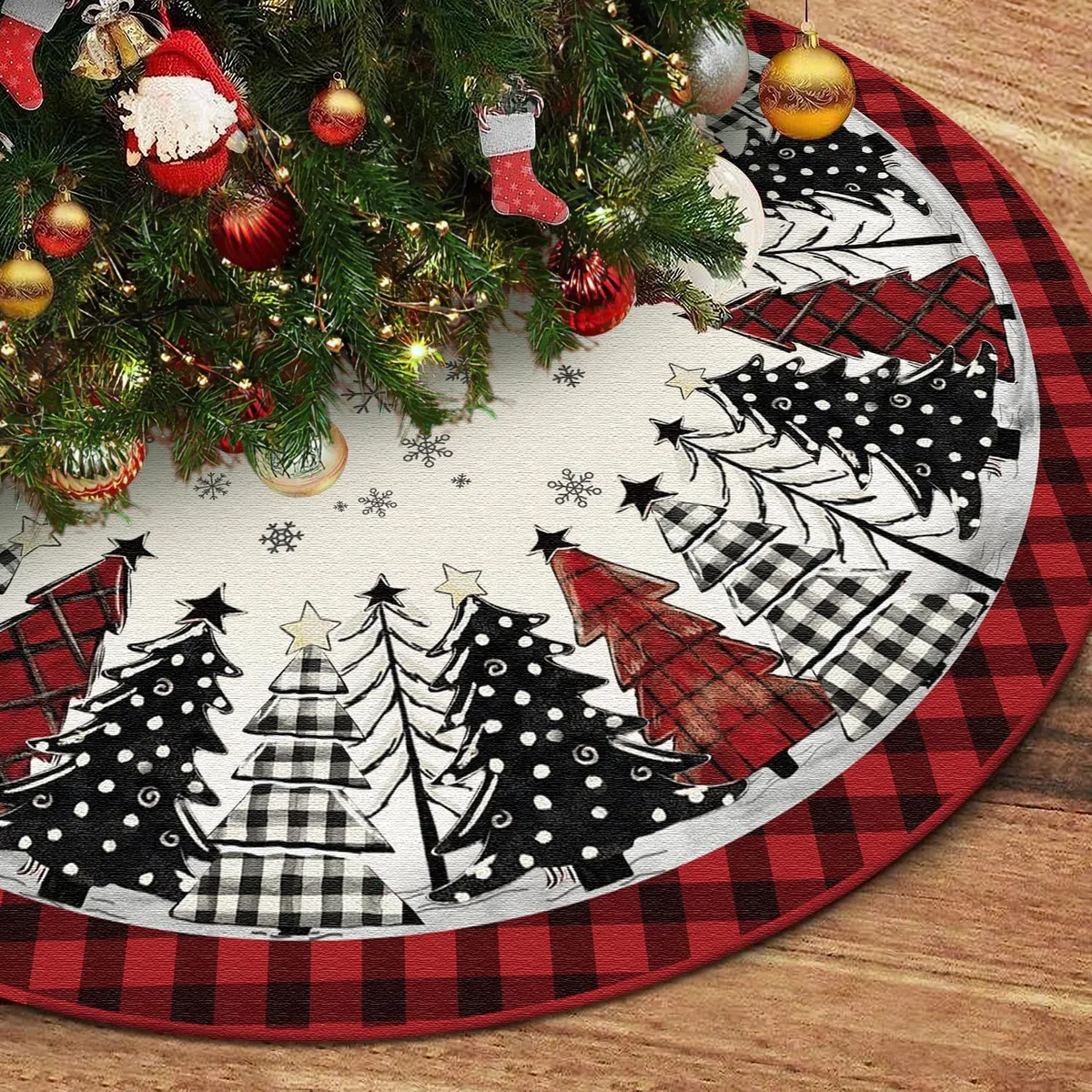 Weihnachtsbaum Decke Rund 122 cm, Rote & Schwarze Büffelkaro, Weihnachtsbaum Motiv, Baumdecke Weihnachtsbaum Teppich Rund für Weihnachtsbaumschmuck, Feiertagsfeiern